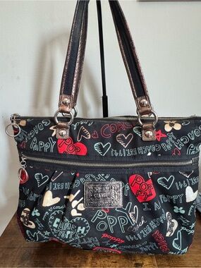 Coach Black Tote with Red, Cream & Mint Hearts and Stars Graphic Poppy Print